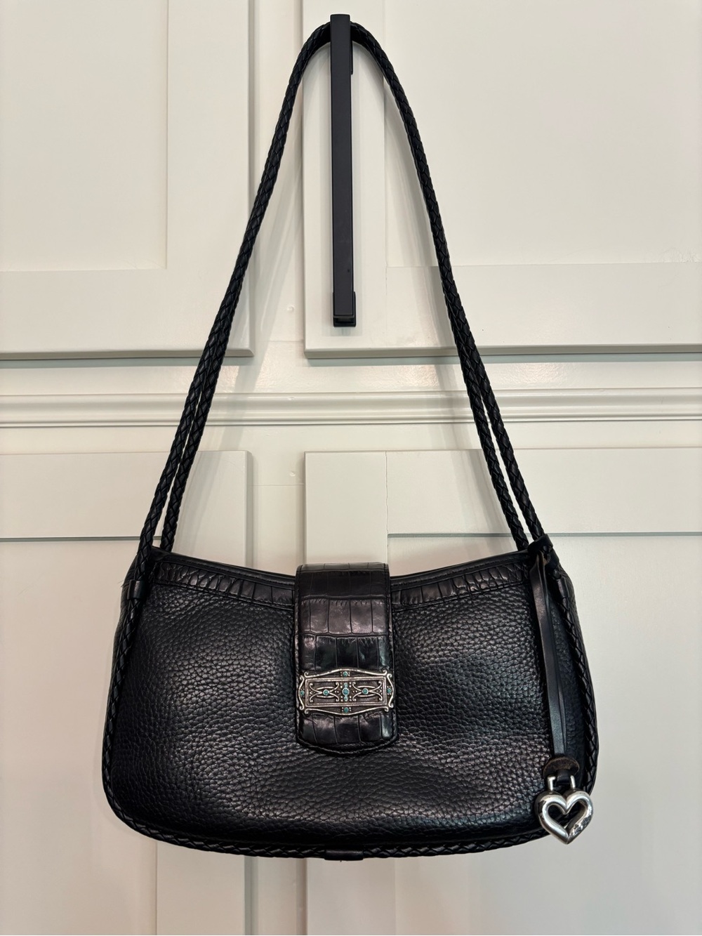 Vintage Y2K Brighton Black Pebbled Leather Shoulder Bag Croc Emboss Flap Plaid
